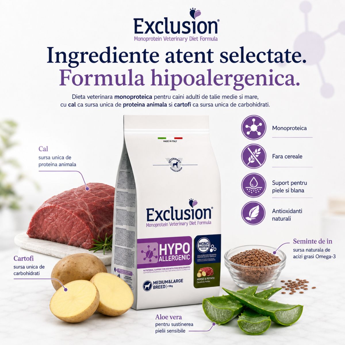 EXCLUSION Monoprotein VD Hypoallergenic Medium&Large, M-XL, Cal și Cartofi, dietă veterinară, hrană uscată fără cereale câini, alergii, 12kg - imagine 5
